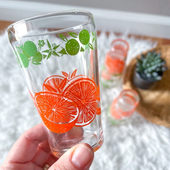 Set of 6 - Vintage Juice Glasses with Orange Slice and Lime Design